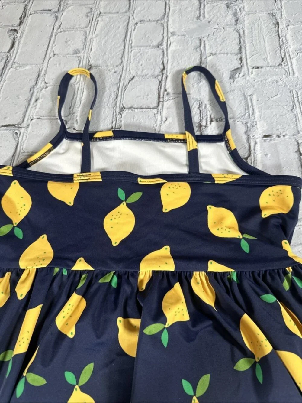 Hanna Andersson Lemon Tankini Swim Top Size 140 CM 10 Navy Blue Yellow Girls